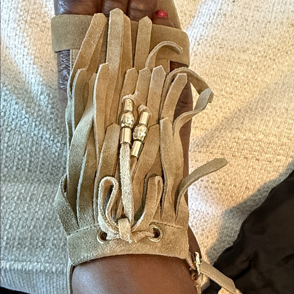 Gucci Taupe Fringe Suede Sandals With Box and Dust bags